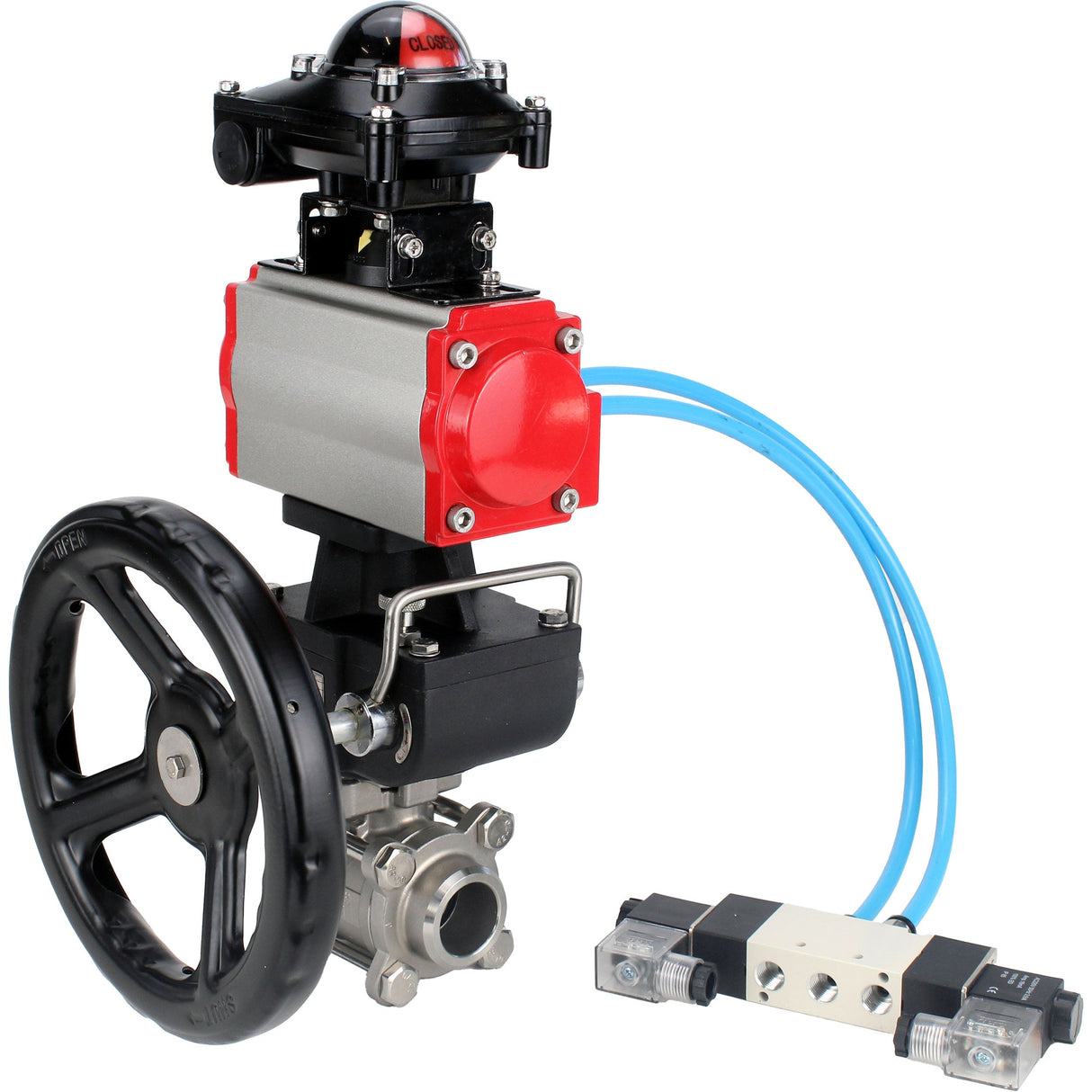 Ball valves Elephant BV3232P(3pc)-FP-W-ISO-H,  body material - Stainless steel AISI 316, seal - PTFE / PTFE / Teflon, with pneumatic actuator double action PA-DA, 4V320-10 220V, LSU APL-210N, handwheel MON