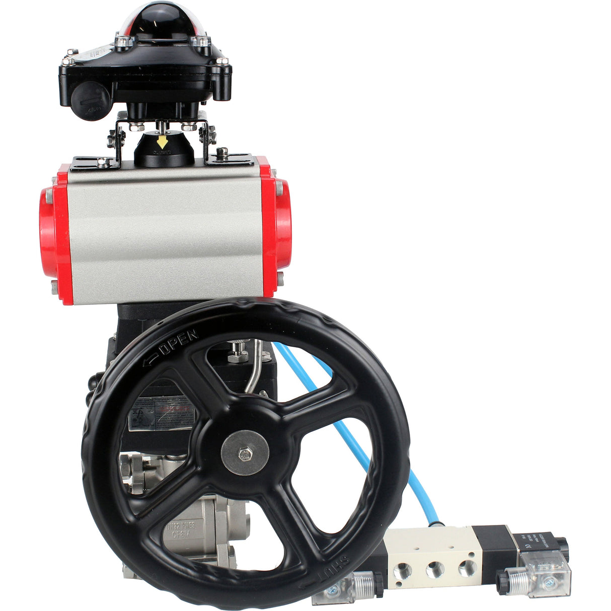 Ball valves Elephant BV3232P(3pc)-FP-W-ISO-H,  body material - Stainless steel AISI 316, seal - PTFE / PTFE / Teflon, with pneumatic actuator double action PA-DA, 4V320-10 220V, LSU APL-210N, handwheel MON