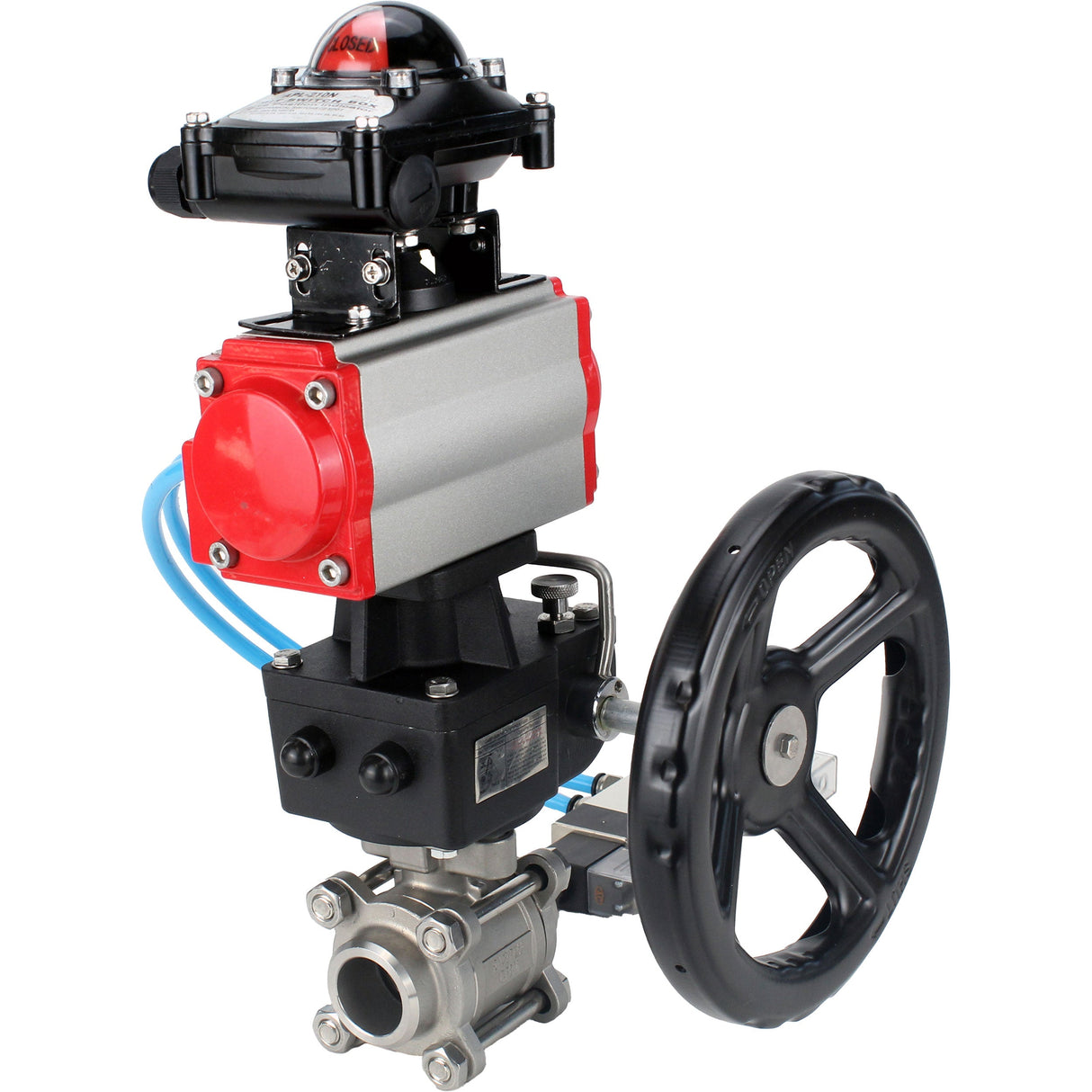Ball valves Elephant BV3232P(3pc)-FP-W-ISO-H,  body material - Stainless steel AISI 316, seal - PTFE / PTFE / Teflon, with pneumatic actuator double action PA-DA, 4V320-10 220V, LSU APL-210N, handwheel MON