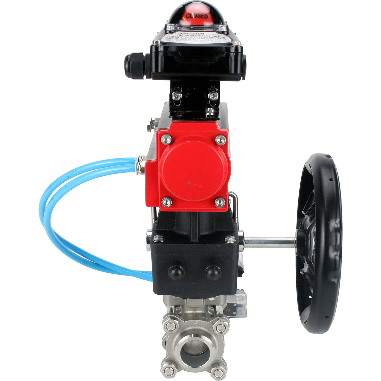 Ball valves Elephant BV3232P(3pc)-FP-W-ISO-H,  body material - Stainless steel AISI 316, seal - PTFE / PTFE / Teflon, with pneumatic actuator double action PA-DA, 4V320-10 220V, LSU APL-210N, handwheel MON