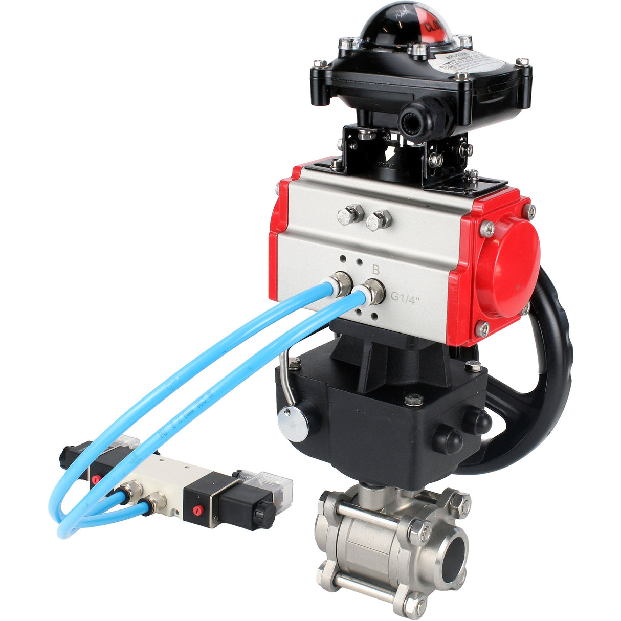 Ball valves Elephant BV3232P(3pc)-FP-W-ISO-H,  body material - Stainless steel AISI 316, seal - PTFE / PTFE / Teflon, with pneumatic actuator double action PA-DA, 4V320-10 220V, LSU APL-210N, handwheel MON