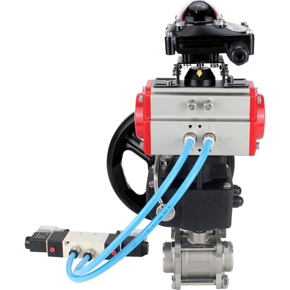 Ball valves Elephant BV3232P(3pc)-FP-W-ISO-H,  body material - Stainless steel AISI 316, seal - PTFE / PTFE / Teflon, with pneumatic actuator double action PA-DA, 4V320-10 220V, LSU APL-210N, handwheel MON