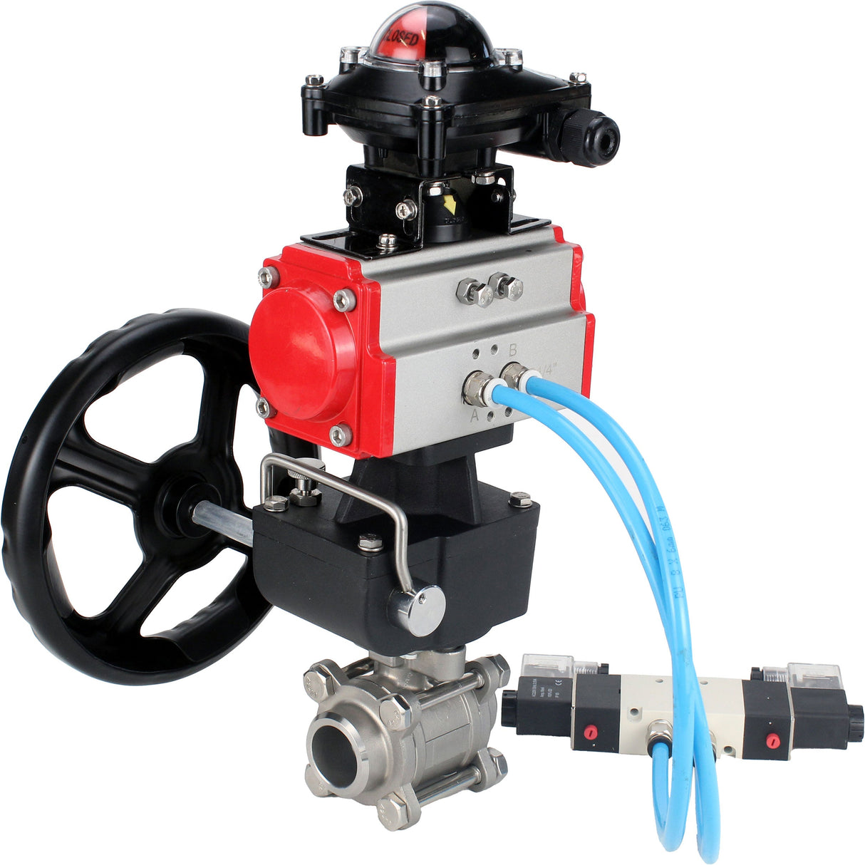 Ball valves Elephant BV3232P(3pc)-FP-W-ISO-H,  body material - Stainless steel AISI 316, seal - PTFE / PTFE / Teflon, with pneumatic actuator double action PA-DA, 4V320-10 220V, LSU APL-210N, handwheel MON
