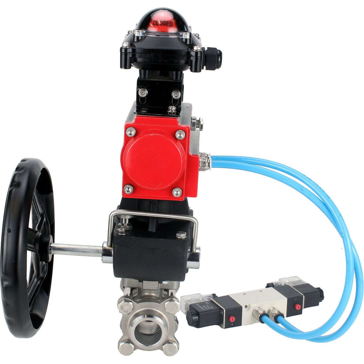 Ball valves Elephant BV3232P(3pc)-FP-W-ISO-H,  body material - Stainless steel AISI 316, seal - PTFE / PTFE / Teflon, with pneumatic actuator double action PA-DA, 4V320-10 220V, LSU APL-210N, handwheel MON