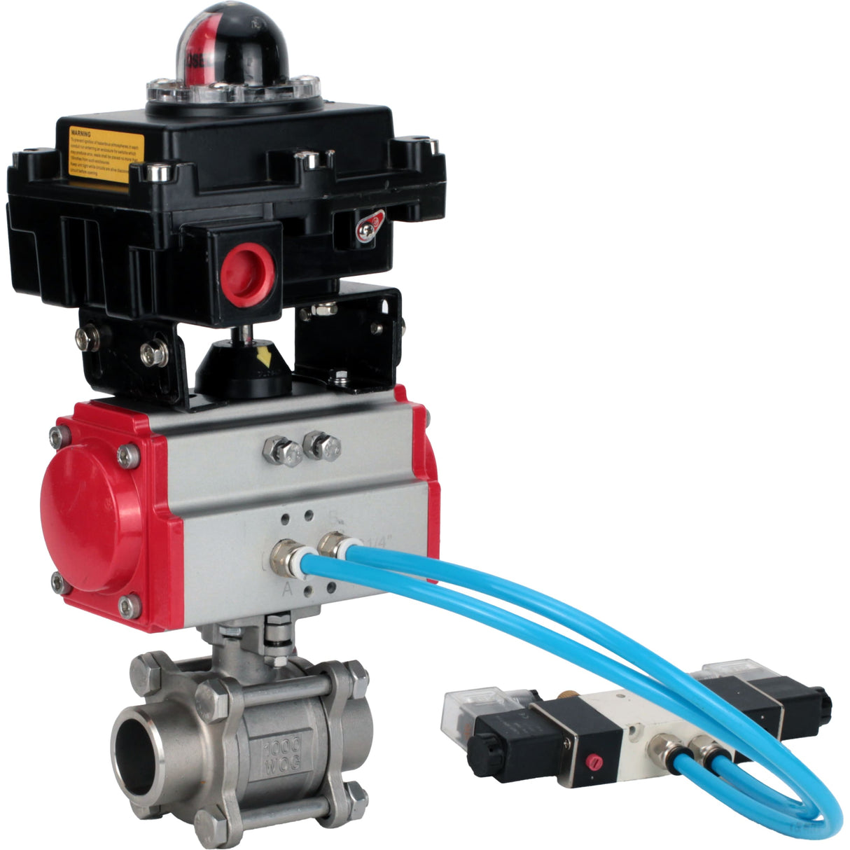 Vannes à boisseau sphérique Elephant BV3232P(3pc)-FP-W-ISO-H 16 bar/25, passage intégral à souder, acier inoxydable SS316, joint - PTFE, avec actionneur pneumatique double effet PA-DA, avec distributeur pneumatique 4V320-10 220V, avec BKV APL-410N EX