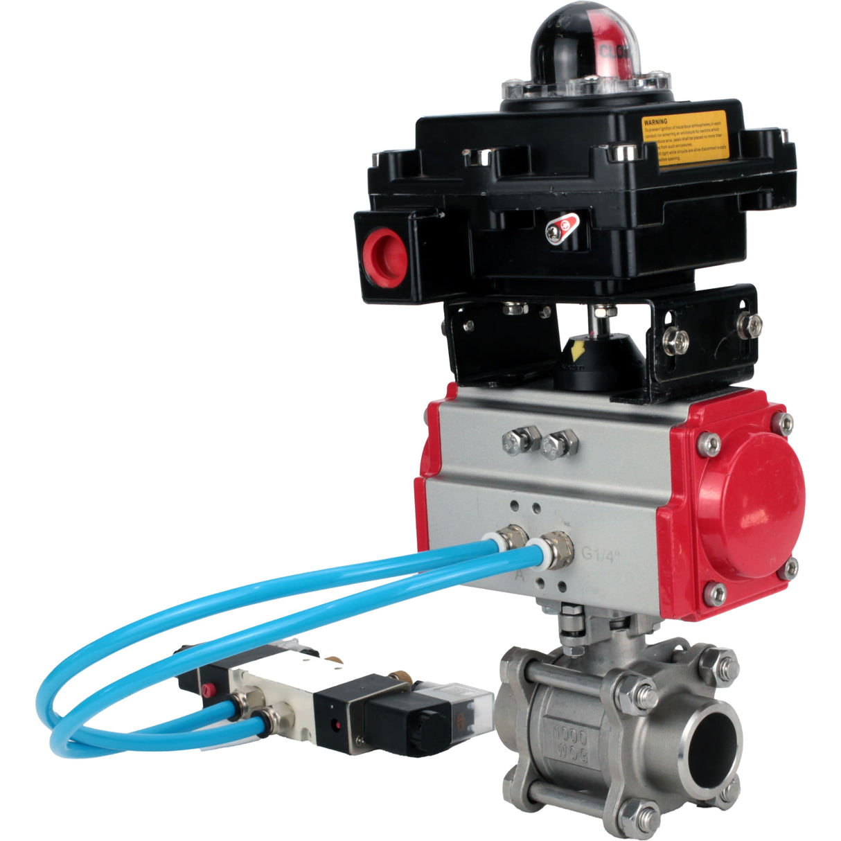 Vannes à boisseau sphérique Elephant BV3232P(3pc)-FP-W-ISO-H 16 bar/25, passage intégral à souder, acier inoxydable SS316, joint - PTFE, avec actionneur pneumatique double effet PA-DA, avec distributeur pneumatique 4V320-10 220V, avec BKV APL-410N EX