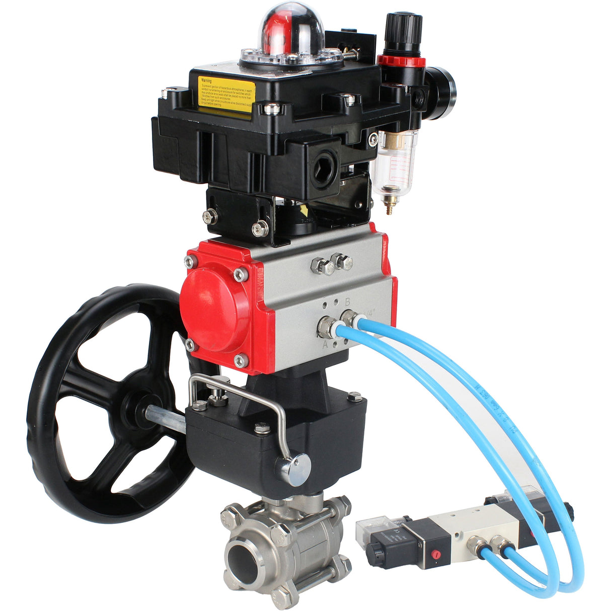 Ball valves Elephant BV3232P(3pc)-FP-W-ISO-H,  body material - Stainless steel AISI 316, seal - PTFE / PTFE / Teflon, with pneumatic actuator double action PA-DA, 4V320-10 220V, LSU APL-410N Ex, handwheel MON, ATU AFC2000