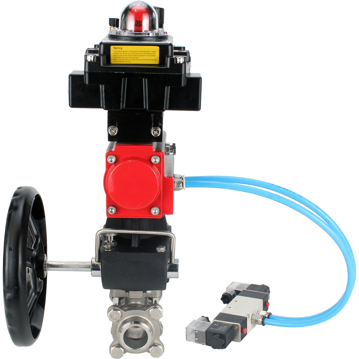 Ball valves Elephant BV3232P(3pc)-FP-W-ISO-H,  body material - Stainless steel AISI 316, seal - PTFE / PTFE / Teflon, with pneumatic actuator double action PA-DA, 4V320-10 220V, LSU APL-410N Ex, handwheel MON, ATU AFC2000