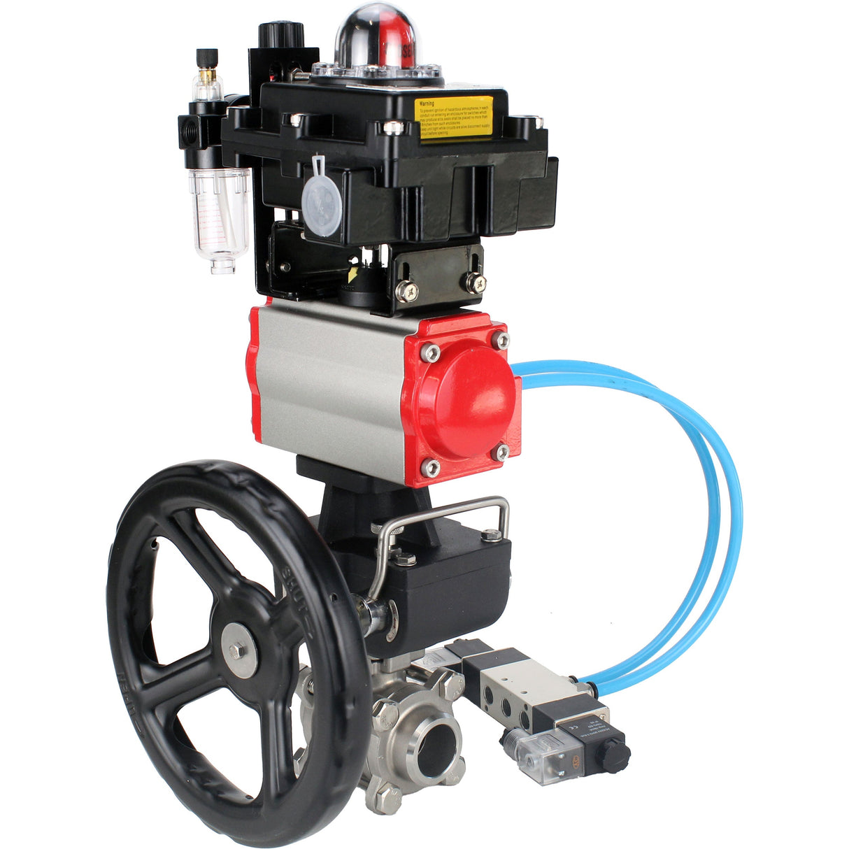 Ball valves Elephant BV3232P(3pc)-FP-W-ISO-H,  body material - Stainless steel AISI 316, seal - PTFE / PTFE / Teflon, with pneumatic actuator double action PA-DA, 4V320-10 220V, LSU APL-410N Ex, handwheel MON, ATU AFC2000