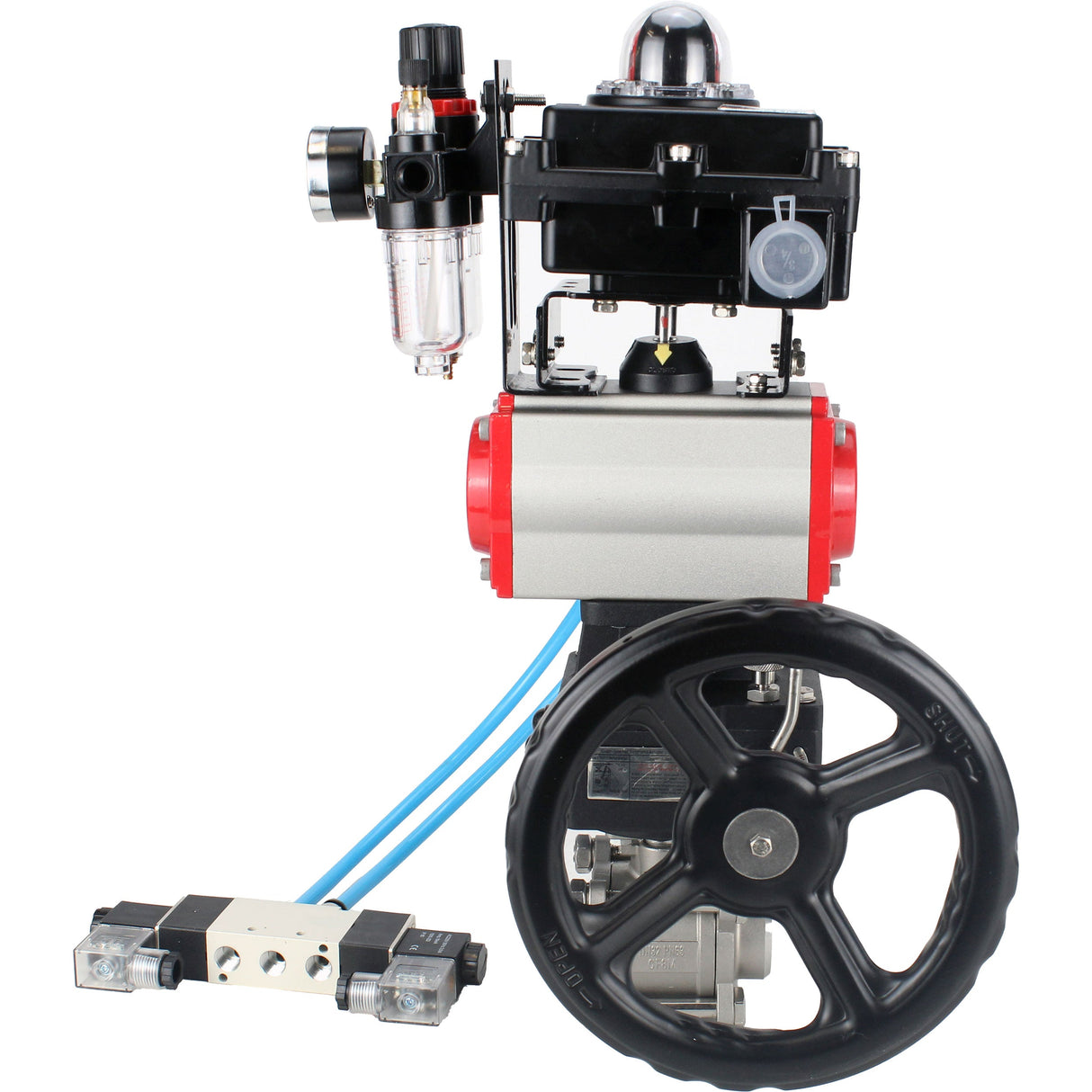 Ball valves Elephant BV3232P(3pc)-FP-W-ISO-H,  body material - Stainless steel AISI 316, seal - PTFE / PTFE / Teflon, with pneumatic actuator double action PA-DA, 4V320-10 220V, LSU APL-410N Ex, handwheel MON, ATU AFC2000