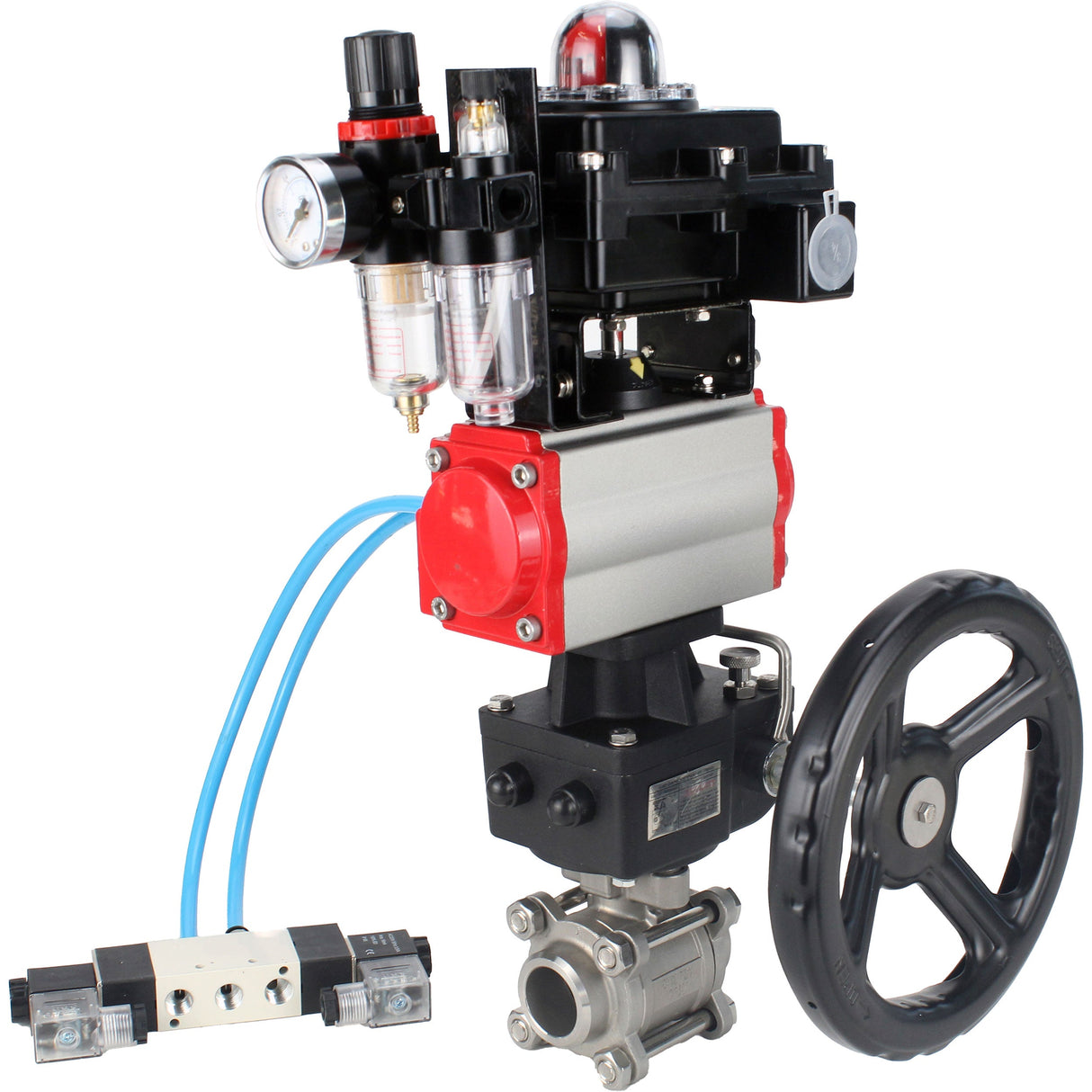 Ball valves Elephant BV3232P(3pc)-FP-W-ISO-H,  body material - Stainless steel AISI 316, seal - PTFE / PTFE / Teflon, with pneumatic actuator double action PA-DA, 4V320-10 220V, LSU APL-410N Ex, handwheel MON, ATU AFC2000