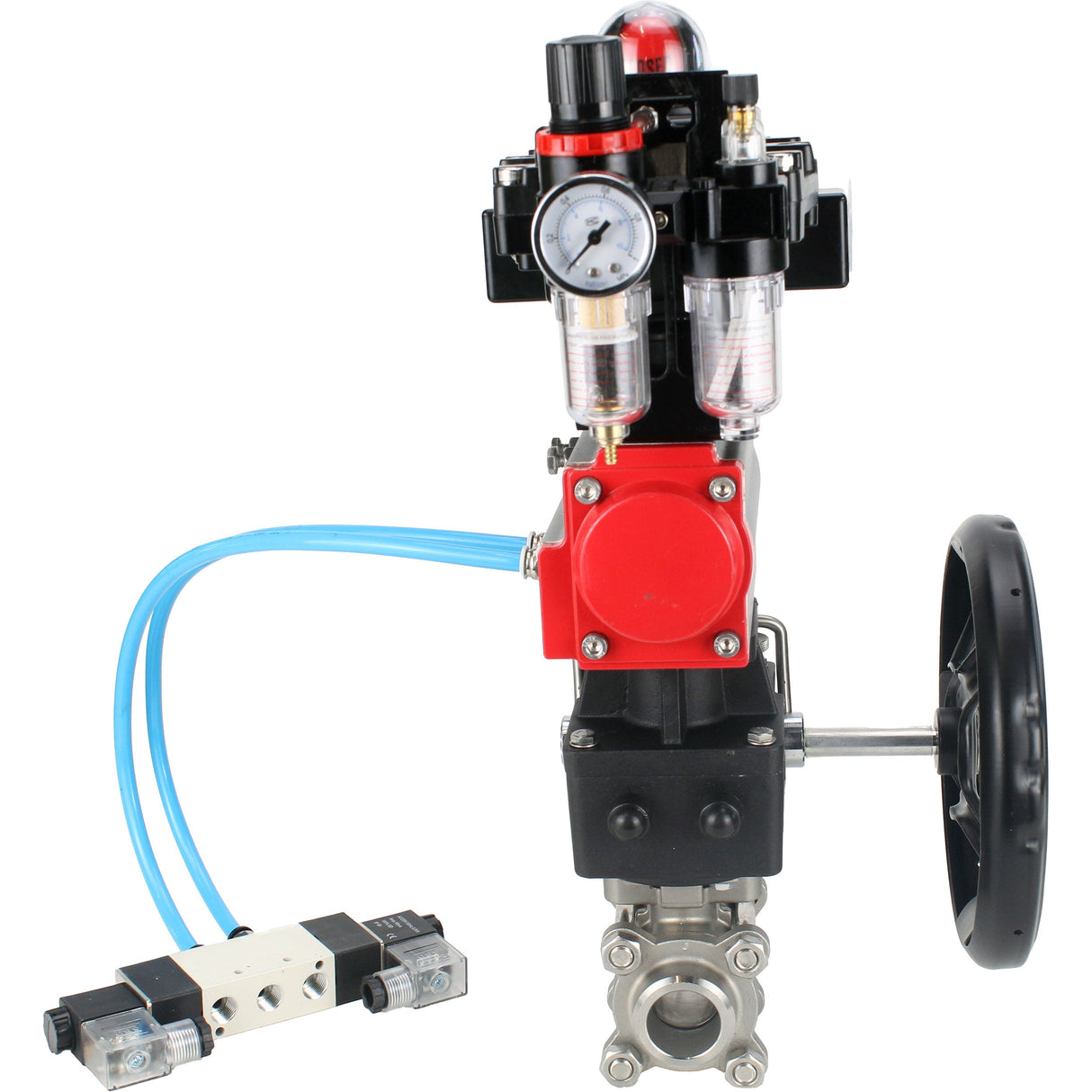 Ball valves Elephant BV3232P(3pc)-FP-W-ISO-H,  body material - Stainless steel AISI 316, seal - PTFE / PTFE / Teflon, with pneumatic actuator double action PA-DA, 4V320-10 220V, LSU APL-410N Ex, handwheel MON, ATU AFC2000
