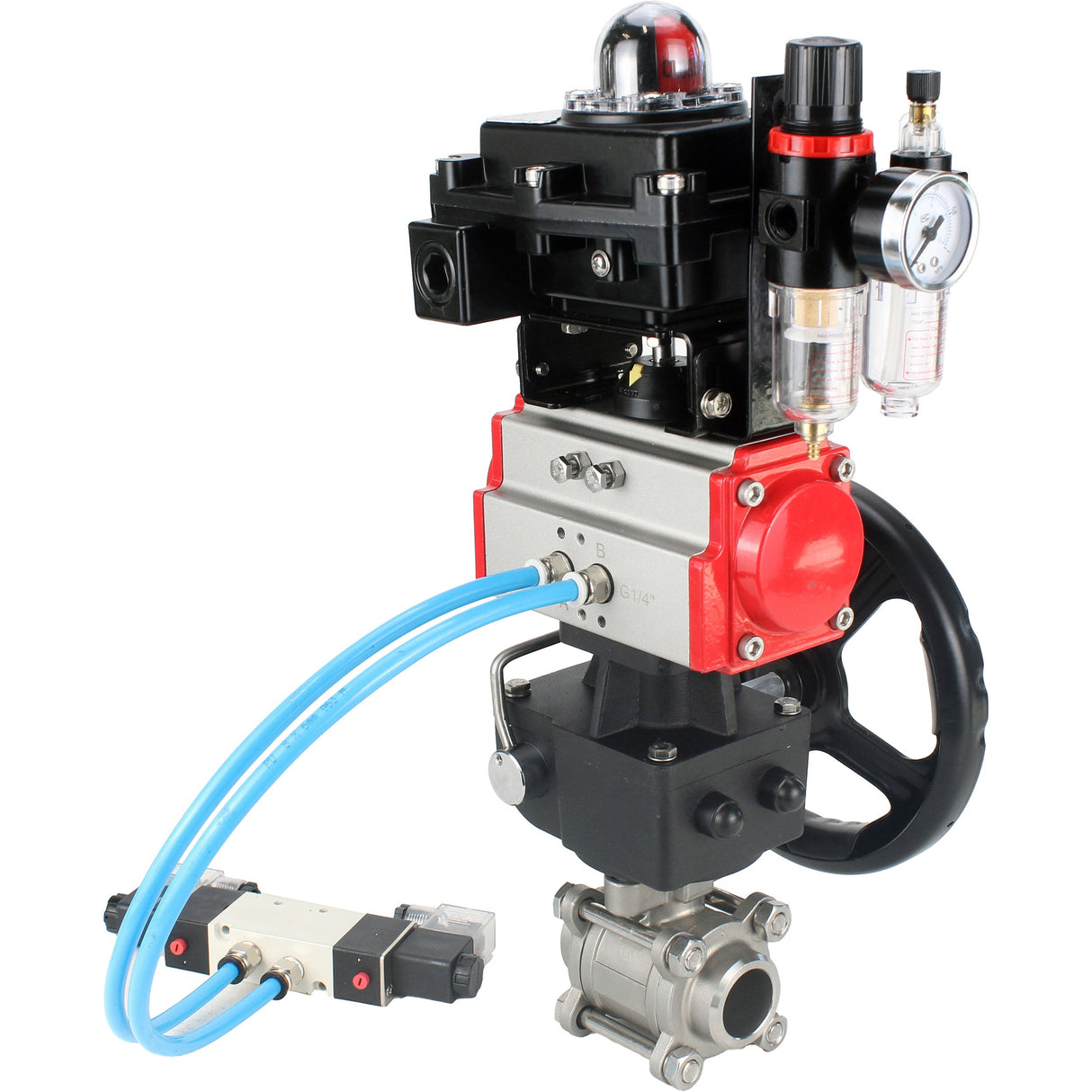 Ball valves Elephant BV3232P(3pc)-FP-W-ISO-H,  body material - Stainless steel AISI 316, seal - PTFE / PTFE / Teflon, with pneumatic actuator double action PA-DA, 4V320-10 220V, LSU APL-410N Ex, handwheel MON, ATU AFC2000