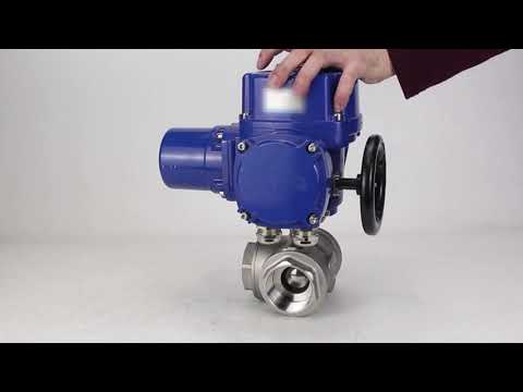 Válvula de bola de acero inoxidable Elephant RP.SS316.200.MM.ISO 914 PSI roscada, puerto estándar, tres vías, tipo L, material del cuerpo - acero inoxidable AISI 316, con actuador eléctrico de cuarto de vuelta Elephant QT-W (M) 380V