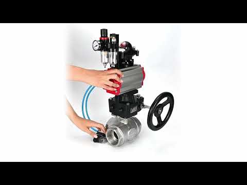 Ball valves Elephant BV3232P(4pc)-SP-3WL-T-ISO-H,  body material - Stainless steel AISI 316, seal - PTFE / PTFE / Teflon, with pneumatic actuator double action PA-DA, 4V320-08 220V, LSU APL-210N, handwheel MON, ATU AFC2000