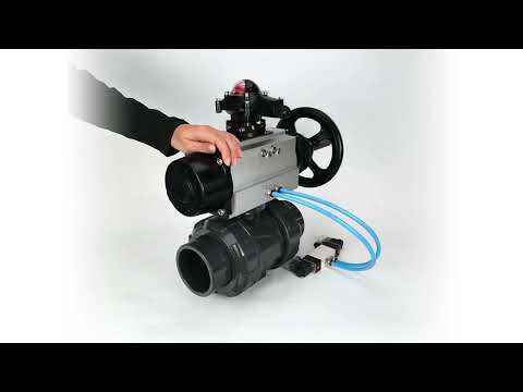 Ball valves Elephant BV4242E-FP-GRM-ISO, body material - UPVC, ball material - UPVC, seal - EPDM, with pneumatic actuator double action PA-DA-105-1, pneumatic distributor 4V320-08 220V and LSU APL-210N EX