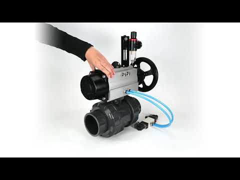 Ball valves Elephant BV4242E-FP-GRM-ISO, body material - UPVC, ball material - UPVC, seal - EPDM, with pneumatic actuator double action PA-DA-105-1, pneumatic distributor 4V320-08 220V and ATU AFC2000