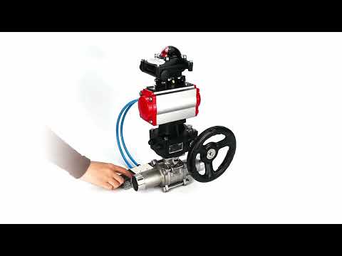 Ball valves Elephant BV3131P(3pc)-FP-W-ISO-H LONG,  body material - Stainless steel AISI 304, seal - PTFE / PTFE / Teflon, with pneumatic actuator double action PA-DA, 4V320-08 220V, LSU APL-210N, handwheel MON