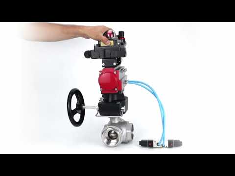 Ball valves Elephant BV3232P(4pc)-SP-3WL-T-ISO-H,  body material - Stainless steel AISI 316, seal - PTFE / PTFE / Teflon, with pneumatic actuator double action PA-DA, 4V320-10 220V, LSU APL-410N Ex, handwheel MON, ATU AFC2000