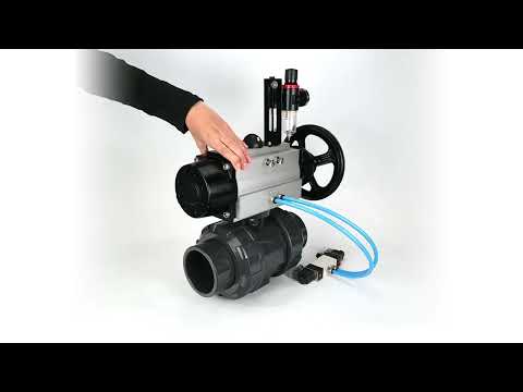 Ball valves Elephant BV4242E-FP-GRM-ISO, body material - UPVC, ball material - UPVC, seal - EPDM, with pneumatic actuator double action PA-DA-105-1, pneumatic distributor 4V320-10 220V and ATU AFC2000