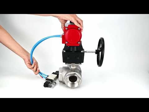 Ball valves Elephant BV3232P(4pc)-SP-3WL-T-ISO-H,  body material - Stainless steel AISI 316, seal - PTFE / PTFE / Teflon, with pneumatic actuator double action PA-DA, 4V320-10 220V, handwheel MON