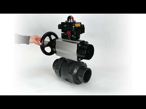 Ball valves Elephant BV4242E-FP-GRM-ISO, body material - UPVC, ball material - UPVC, seal - EPDM, with pneumatic actuator double action PA-DA-105-1, pneumatic distributor 4V320-08 220V and LSU APL-410N EX