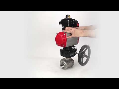 Stainless steel ball valve Elephant RP.SS316.200.MM.ISO 63 bar threaded, standard port, three way, L-type, body material - stainless steel AISI 316, pneumatic actuator DA, pneumatic distributor 4M310-08 24V, limit switch block APL-410N EX, manual