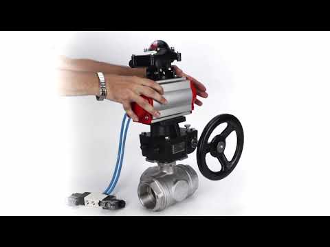 Ball valves Elephant BV3232P(4pc)-SP-3WL-T-ISO-H,  body material - Stainless steel AISI 316, seal - PTFE / PTFE / Teflon, with pneumatic actuator double action PA-DA, 4V320-10 220V, LSU APL-210N, handwheel MON