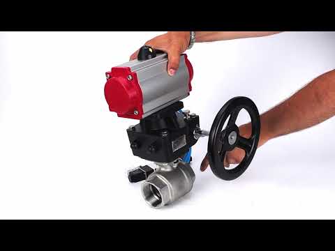 Ball valves Elephant BV3232P(2pc)-FP-T-ISO-H,  body material - Stainless steel AISI 316, seal - PTFE / PTFE / Teflon, with pneumatic actuator double action PA-DA, 4V320-10 220V, handwheel MON