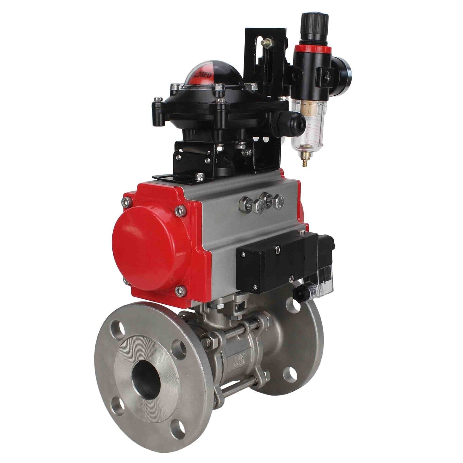 Válvula de bola de acero inoxidable Elephant ksfpt-316-180-da-4m310-24v-apl210n-afc2000, material del cuerpo - acero inoxidable AISI 316, material de la bola - acero inoxidable AISI 316, sello - PTFE, actuador neumático operado