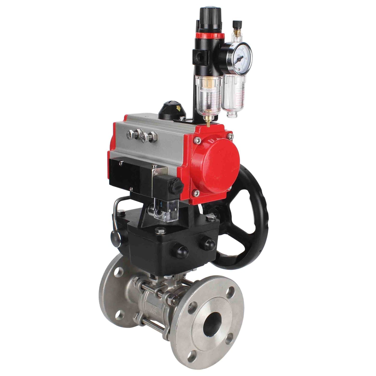 Válvula de bola de acero inoxidable Elephant ksfpt-316-180-da-4m310-24v-hdm-afc2000, material del cuerpo - acero inoxidable AISI 316, material de la bola - acero inoxidable AISI 316, sello - PTFE, actuador neumático operado