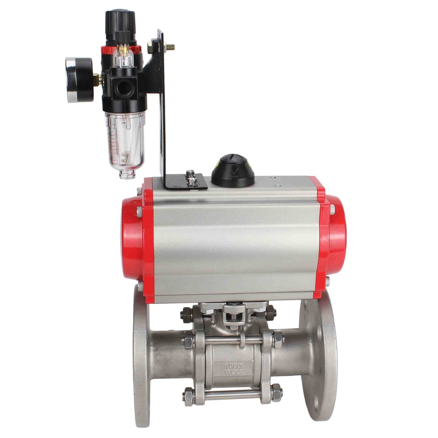 Válvula de bola de acero inoxidable Elephant ksfpt-304-180-da-4m310-24v-afc2000, material del cuerpo - acero inoxidable AISI 304, material de la bola - acero inoxidable AISI 304, sello - PTFE, actuador neumático operado