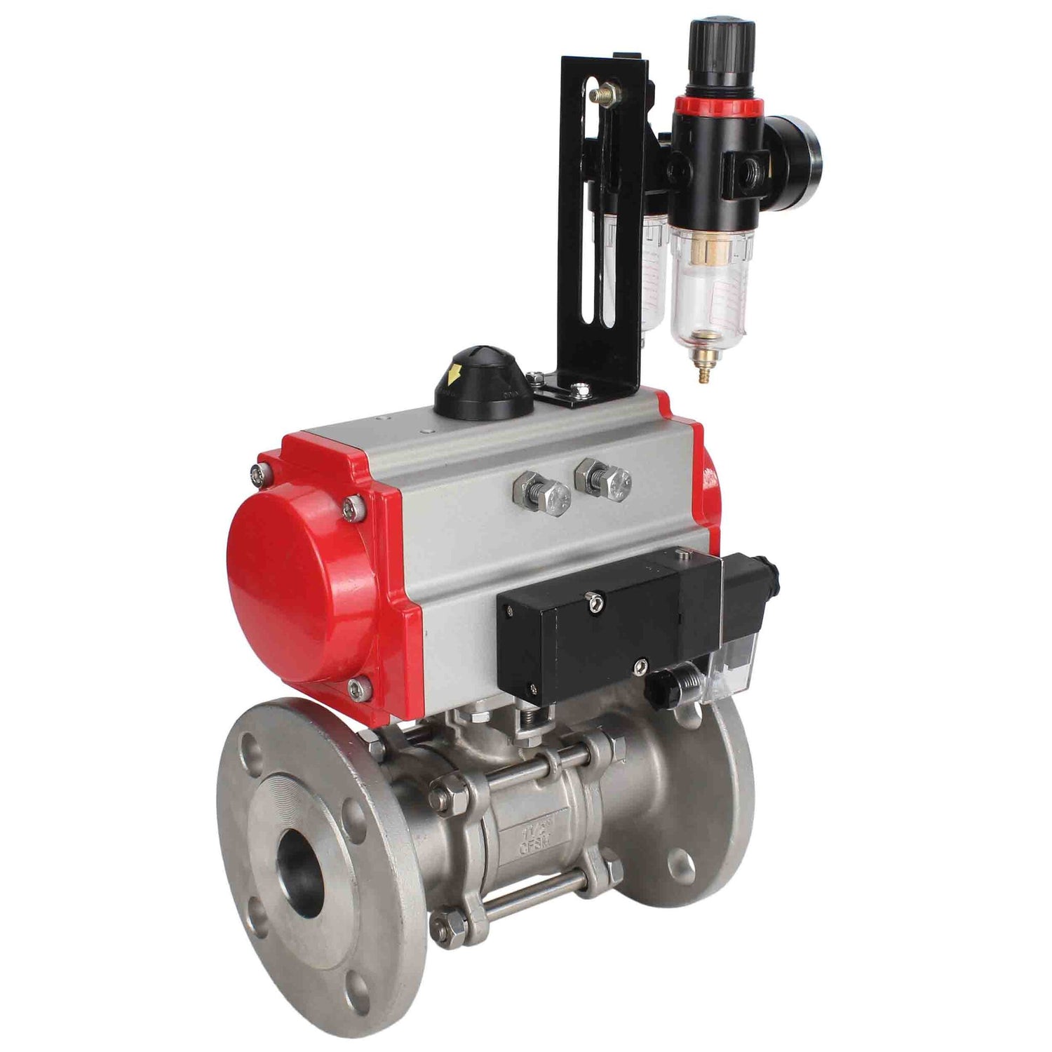 Válvula de bola de acero inoxidable Elephant ksfpt-316-180-da-4m310-110/220v-afc2000, material del cuerpo - acero inoxidable AISI 316, material de la bola - acero inoxidable AISI 316, sello - PTFE, actuador neumático operado