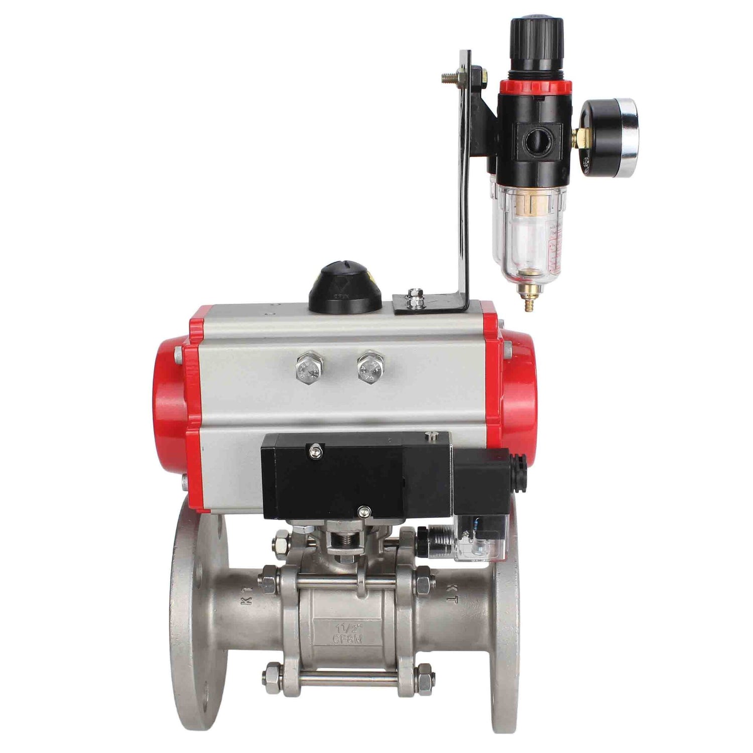 Válvula de bola de acero inoxidable Elephant ksfpt-304-180-da-4m310-24v-afc2000, material del cuerpo - acero inoxidable AISI 304, material de la bola - acero inoxidable AISI 304, sello - PTFE, actuador neumático operado