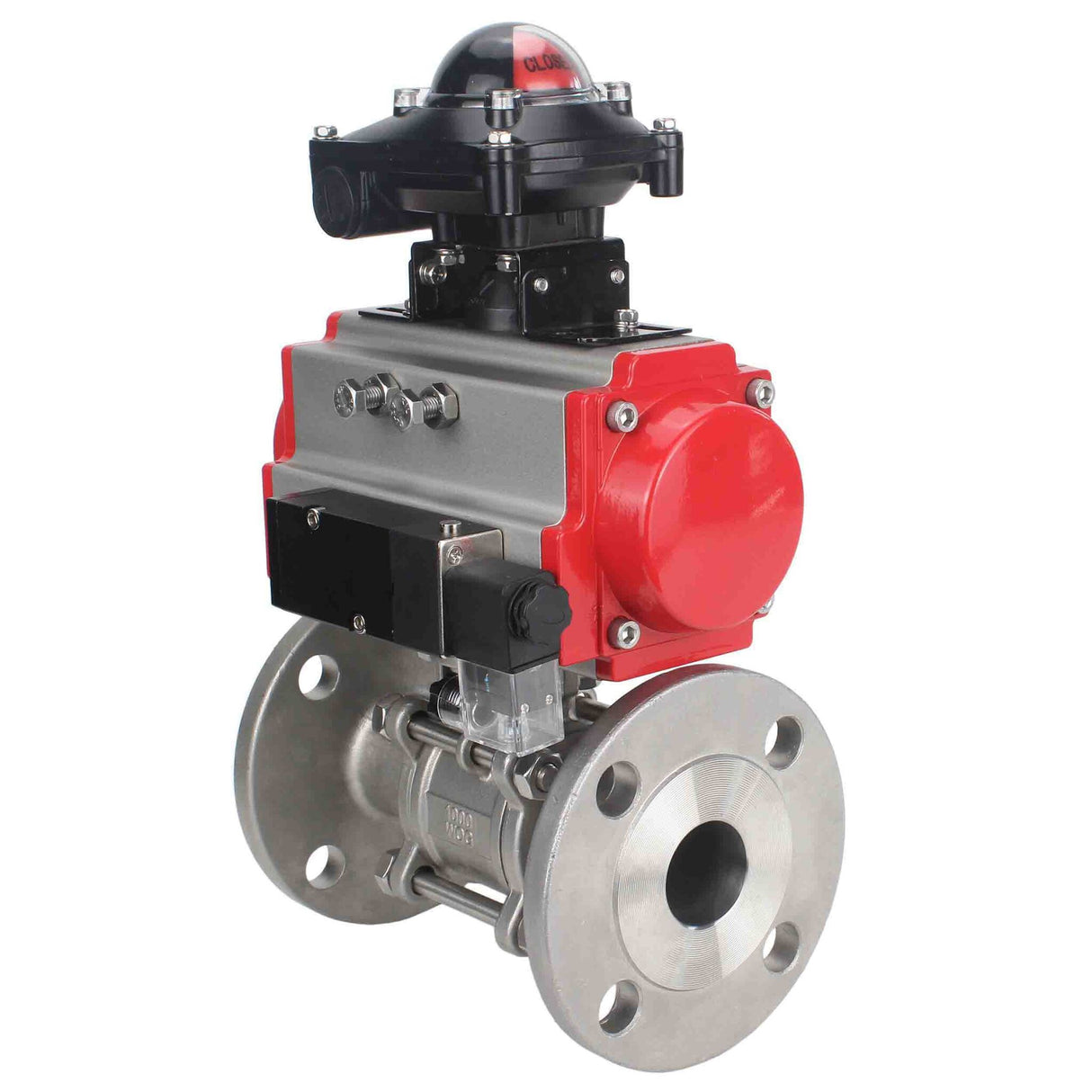 Válvula de bola de acero inoxidable Elephant ksfpt-316-180-sa-4m310-24v-apl210n, material del cuerpo - acero inoxidable AISI 316, material de la bola - acero inoxidable AISI 316, sello - PTFE, actuador neumático operado