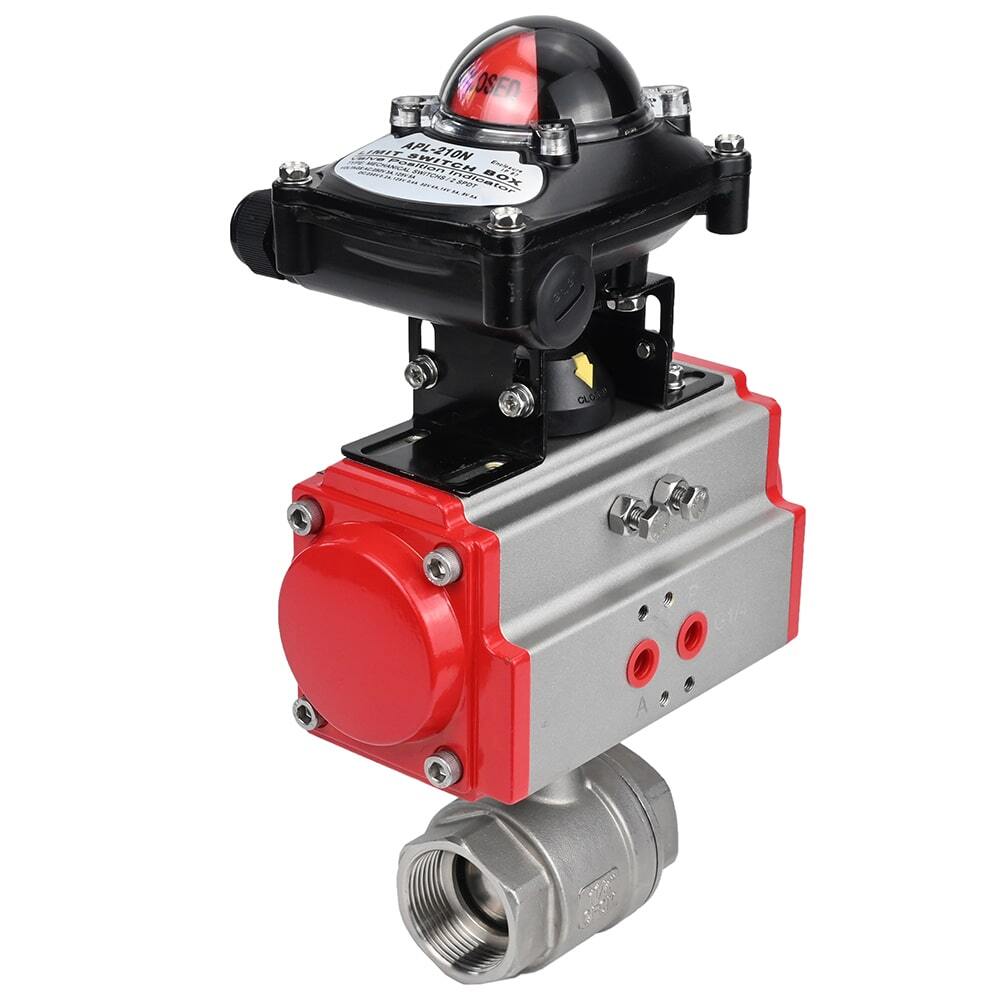 Válvula de bola de acero inoxidable Elephant BVMP.316.230-ISO 914 PSI, roscada, paso completo, material del cuerpo - acero inoxidable AISI 316, con actuador neumático de doble efecto Elephant DA, bloque de interruptores de límite APL-410N EX