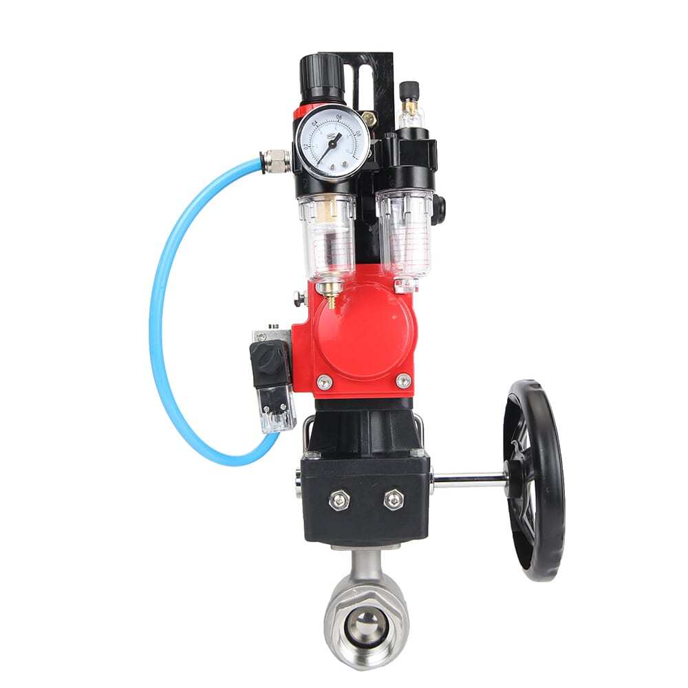 Stainless steel ball valve Elephant BVMP,316,230-ISO 63 bar, threaded, full port, body material - stainless steel AISI 316, with double-acting pneumatic actuator Elephant DA, pneumatic distributor 4M310-08 220V, limit switch block APL-410N EX, manual