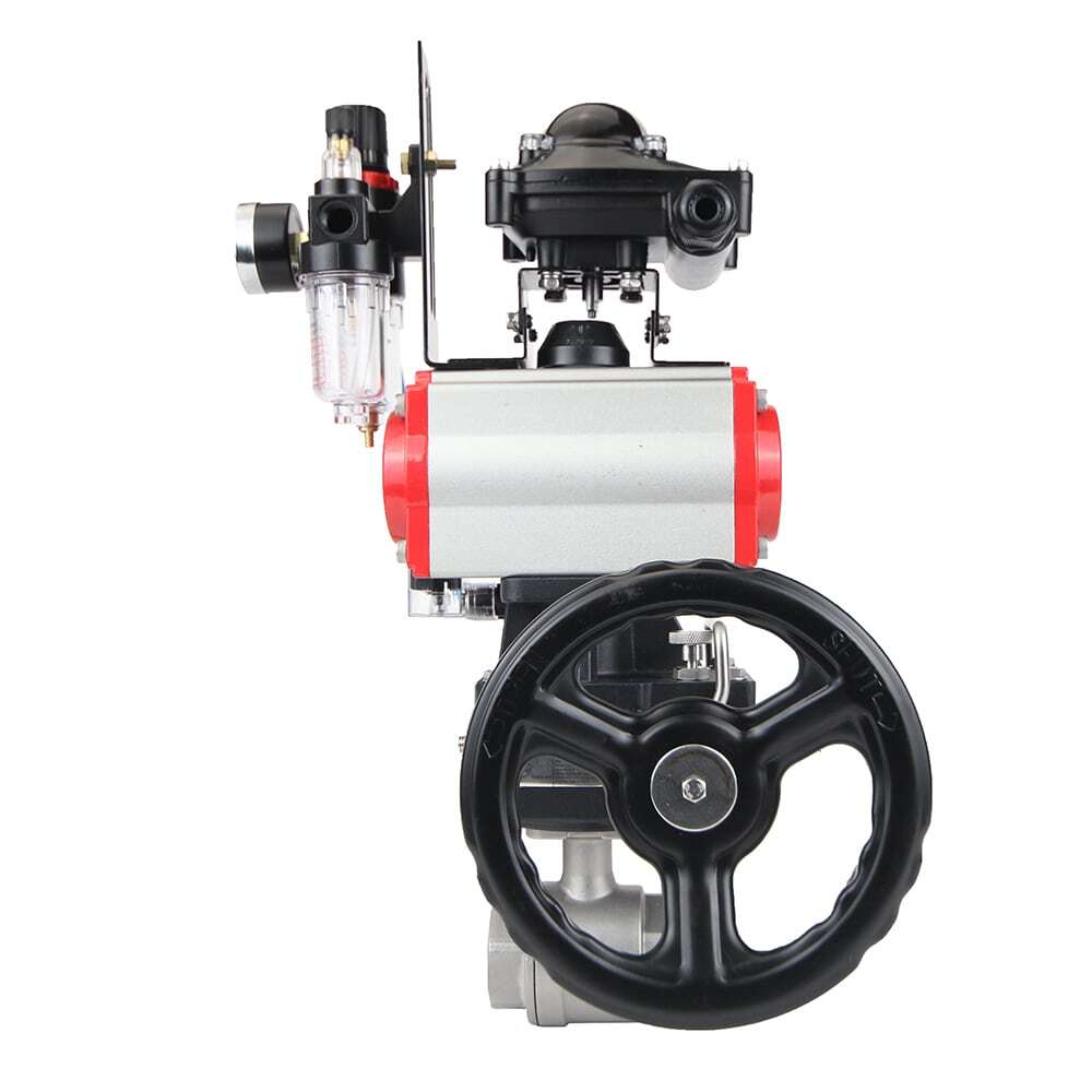 Stainless steel ball valve Elephant BVMP.316.230-ISO 63 bar, threaded, full port, body material - stainless steel AISI 316, with double-acting pneumatic actuator Elephant DA, pneumatic distributor 4M310-08 220V, limit switch block APL-410N EX, manual