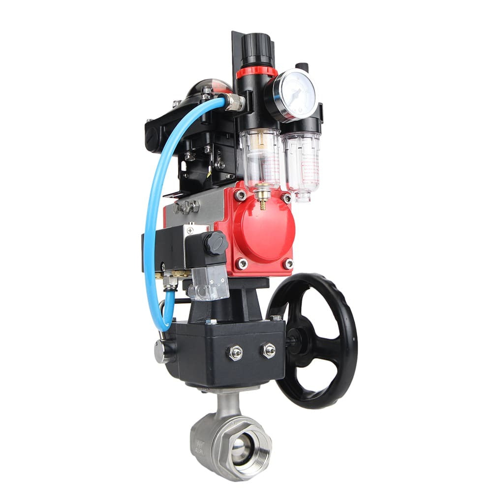 Stainless steel ball valve Elephant BVMP.316.230-ISO 63 bar, threaded, full port, body material - stainless steel AISI 316, with double-acting pneumatic actuator Elephant DA, pneumatic distributor 4M310-08 220V, limit switch block APL-410N EX, manual