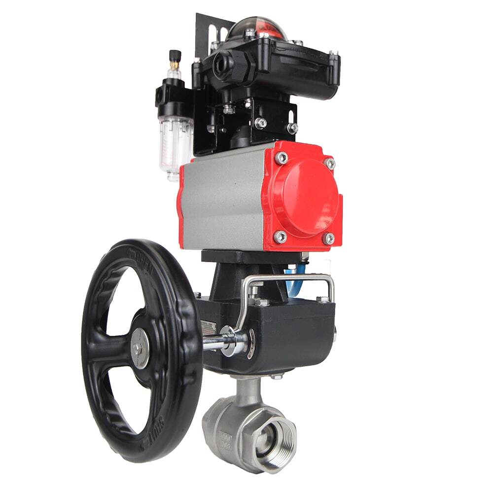 Stainless steel ball valve Elephant BVMP.316.230-ISO 63 bar, threaded, full port, body material - stainless steel AISI 316, with double-acting pneumatic actuator Elephant DA, pneumatic distributor 4M310-08 220V, limit switch block APL-410N EX, manual
