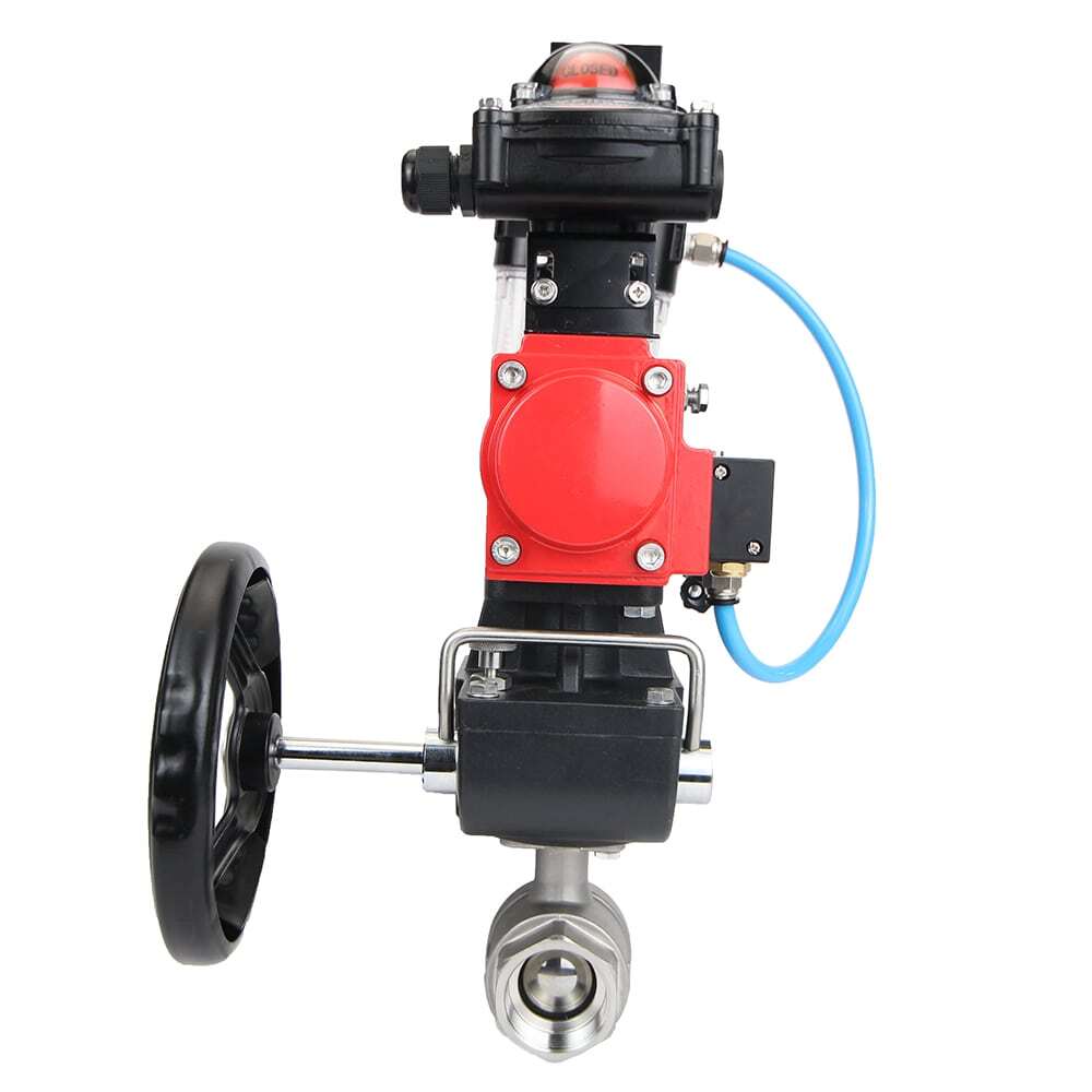 Stainless steel ball valve Elephant BVMP,316,230-ISO 63 bar, threaded, full port, body material - stainless steel AISI 316, with double-acting pneumatic actuator Elephant DA, pneumatic distributor 4M310-08 24V, limit switch block APL-410N EX, manual