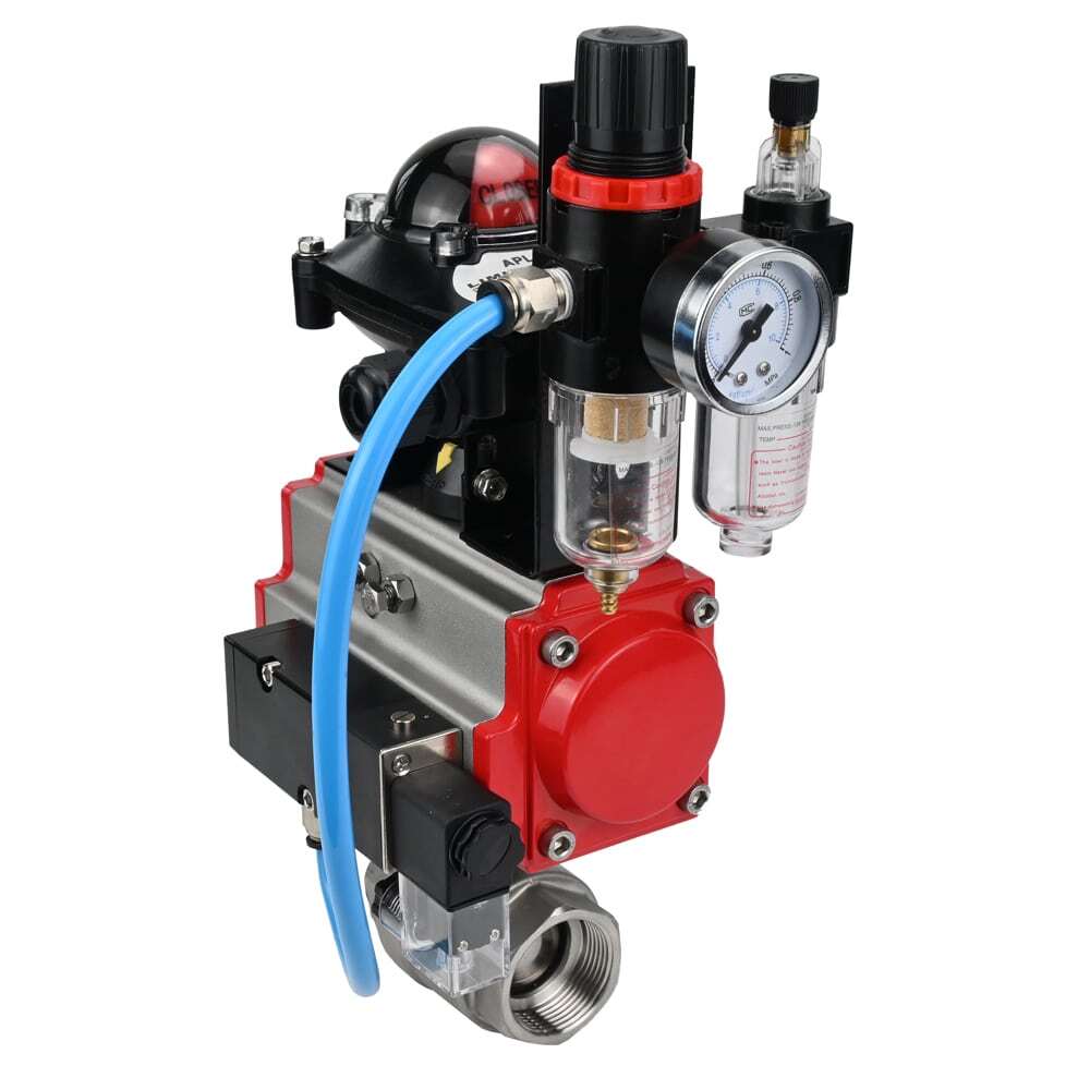 Stainless steel ball valve Elephant BVMP.316.230-ISO 63 bar, threaded, full port, body material - stainless steel AISI 316, with pneumatic actuator with return springs Elephant SA, pneumatic distributor 4M310-08 24V, limit switch block APL-410N EX, air