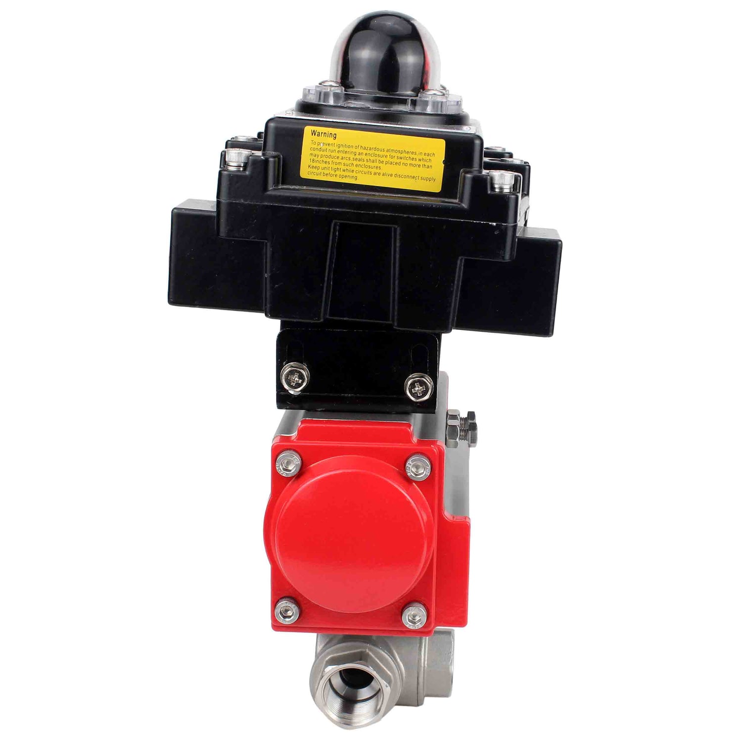 Válvula de bola de acero inoxidable Elephant RP.SS316.200.MM.ISO 914 PSI roscada, puerto estándar, tres vías, tipo L, material del cuerpo - acero inoxidable AISI 316, actuador neumático DA, bloque de interruptores de límite APL-410N EX