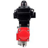 Válvula de bola de acero inoxidable Elephant RP.SS316.200.MM.ISO 914 PSI roscada, puerto estándar, tres vías, tipo L, material del cuerpo - acero inoxidable AISI 316, actuador neumático DA, bloque de interruptores de límite APL-410N EX