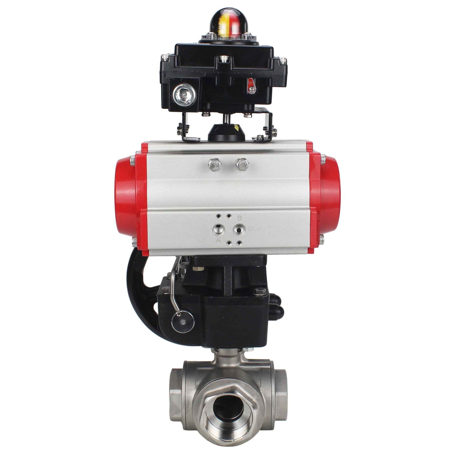 Stainless steel ball valve Elephant RP.SS316.200.MM.ISO 63 bar threaded, standard port, three way, L-type, body material - stainless steel AISI 316, pneumatic actuator DA, limit switch block APL-410N EX, manual override HDM