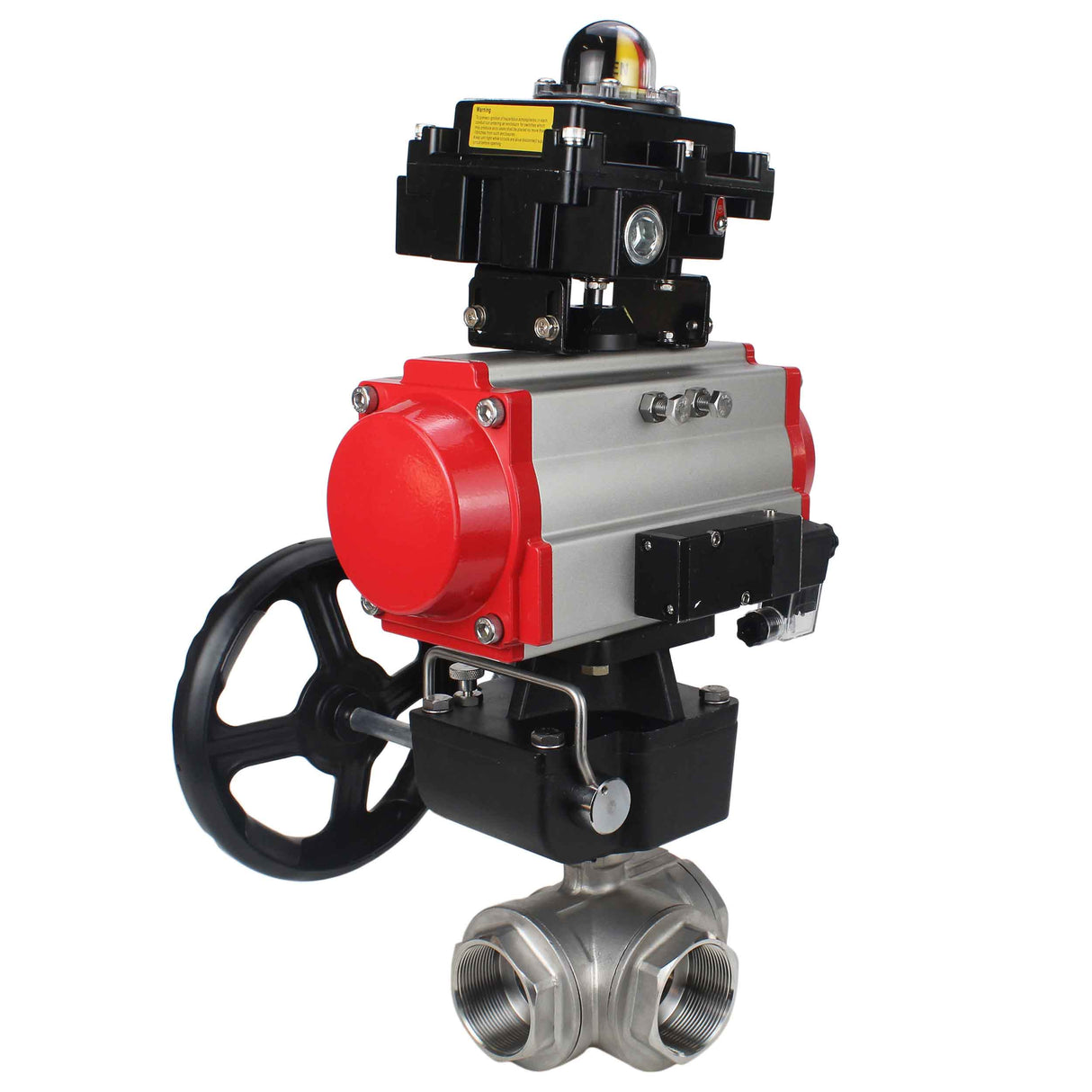 Stainless steel ball valve Elephant RP.SS316.200.MM.ISO 63 bar threaded, standard port, three way, L-type, body material - stainless steel AISI 316, pneumatic actuator DA, pneumatic distributor 4M310-08 220V, limit switch block APL-410N EX, manual
