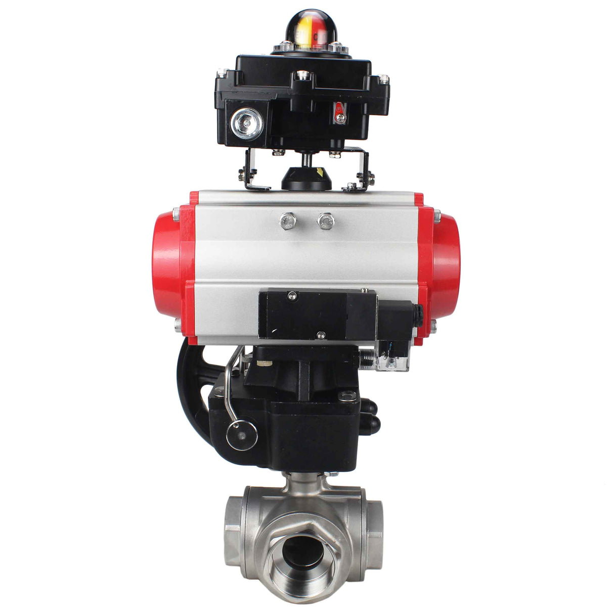 Stainless steel ball valve Elephant RP.SS316.200.MM.ISO 63 bar threaded, standard port, three way, L-type, body material - stainless steel AISI 316, pneumatic actuator DA, pneumatic distributor 4M310-08 220V, limit switch block APL-410N EX, manual