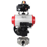 Stainless steel ball valve Elephant RP.SS316.200.MM.ISO 63 bar threaded, standard port, three way, L-type, body material - stainless steel AISI 316, pneumatic actuator DA, pneumatic distributor 4M310-08 220V, limit switch block APL-410N EX, manual
