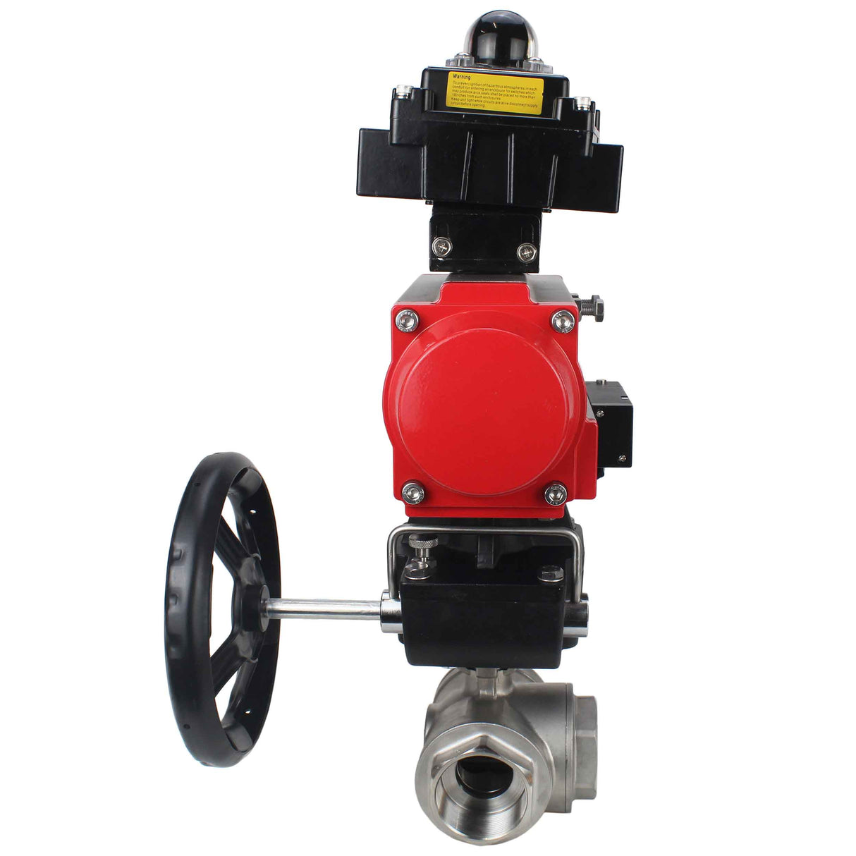 Stainless steel ball valve Elephant RP.SS316.200.MM.ISO 63 bar threaded, standard port, three way, L-type, body material - stainless steel AISI 316, pneumatic actuator DA, pneumatic distributor 4M310-08 220V, limit switch block APL-410N EX, manual