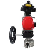 Stainless steel ball valve Elephant RP.SS316.200.MM.ISO 63 bar threaded, standard port, three way, L-type, body material - stainless steel AISI 316, pneumatic actuator DA, pneumatic distributor 4M310-08 220V, limit switch block APL-410N EX, manual